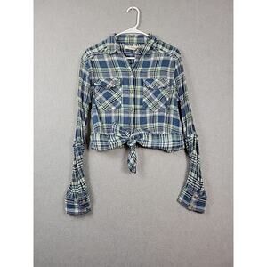 Free People First Bloom Blue Plaid LS Cropped Tie Front Button Up Shirt Medium